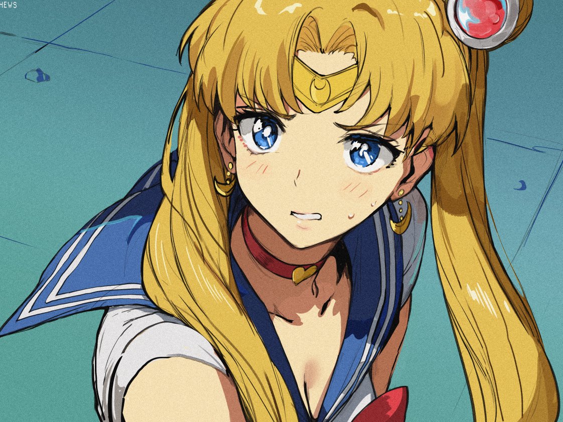 1girl bishoujo_senshi_sailor_moon blonde_hair blue_eyes blue_sailor_collar breasts choker cleavage collarbone crescent crescent_earrings derivative_work earrings hair_bun heart hews_hack jewelry long_hair red_choker sailor_collar sailor_moon sailor_moon_redraw_challenge sailor_senshi sailor_senshi_uniform screencap_redraw solo tiara tsukino_usagi twintails upper_body