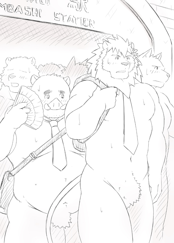 2011 anthro belly blush bodily_fluids canid canine canis domestic_dog felid group humanoid_hands kemono lion male mammal manya navel necktie overweight overweight_male pantherine pubes suid suina sus_(pig) sweat wild_boar