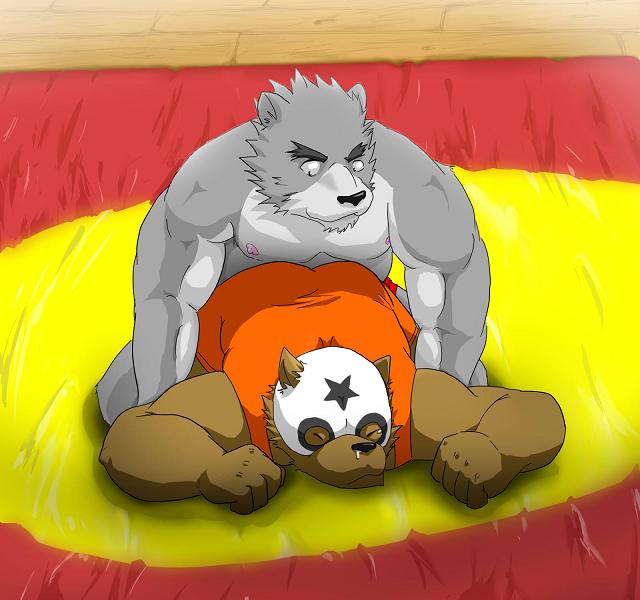 2010 anthro black_nose brown_body brown_fur butt canid canine canis duo eyes_closed fur grey_body grey_fur hasukichi humanoid_hands kemono male mammal slightly_chubby wolf wrestling wrestling_singlet