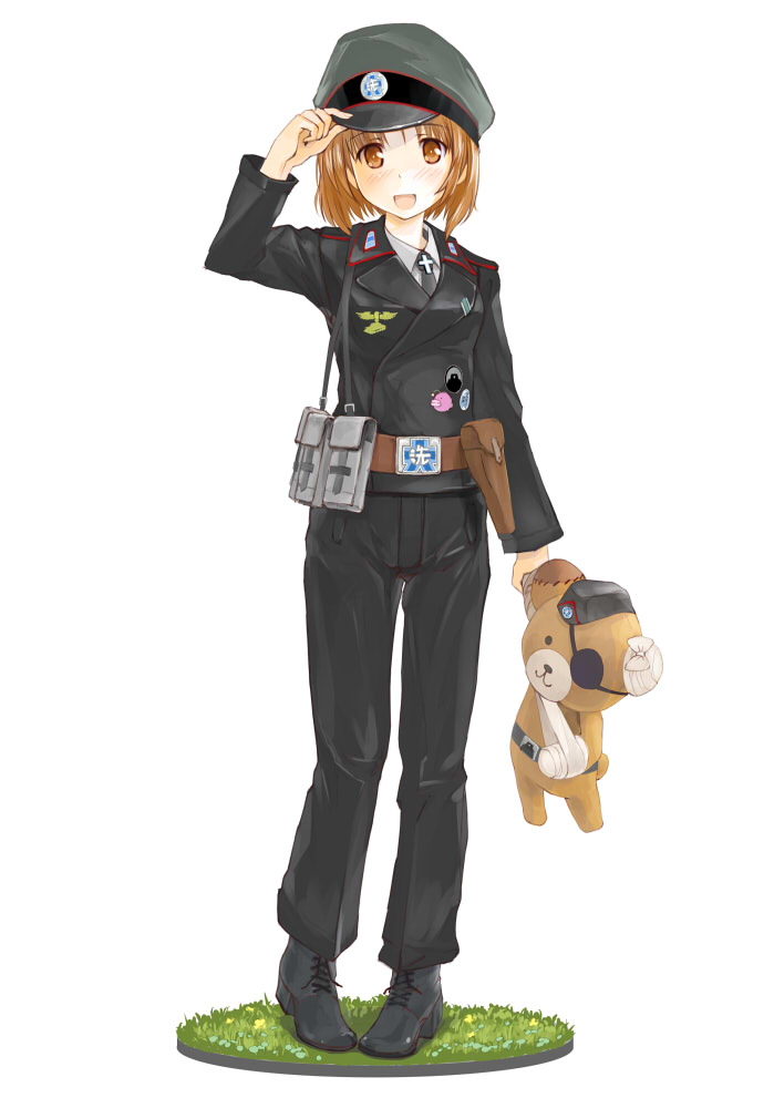 1girl :d adjusting_headwear anglerfish ankle_boots arm_sling bandage bangs belt black_footwear black_hat black_jacket black_neckwear black_pants boko_(girls_und_panzer) boots brown_belt brown_eyes brown_hair carrying commentary cross-laced_footwear dress_shirt emblem epaulettes eyebrows_visible_through_hair eyepatch faux_figurine garrison_cap girls_und_panzer hat holding holding_stuffed_animal holster insignia jacket japanese_tankery_league_(emblem) long_sleeves looking_at_viewer military_hat necktie nishizumi_miho ooarai_(emblem) open_mouth pants peaked_cap shirt short_hair simple_background smile solo standing stuffed_animal stuffed_toy teddy_bear utility_belt white_background white_shirt wing_collar yurikuta_tsukumi