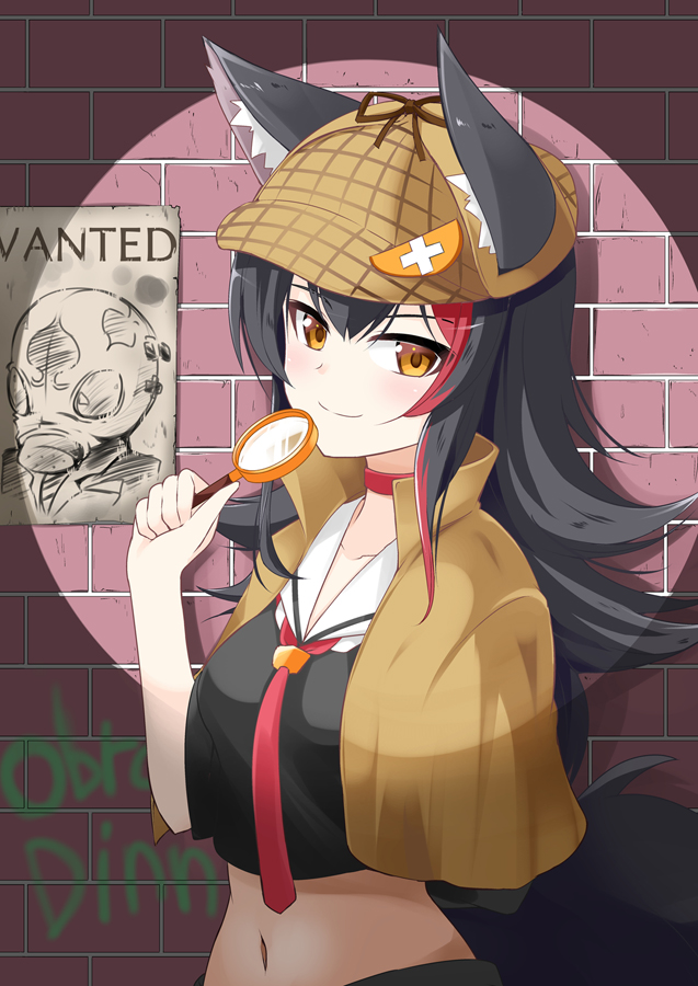 1girl animal_ear_fluff animal_ears bangs black_hair brick_wall choker closed_mouth collarbone commentary_request crop_top deerstalker hat hololive ichimi long_hair looking_at_viewer magnifying_glass midriff multicolored_hair navel necktie ookami_mio red_choker red_hair red_neckwear return_of_the_obra_dinn sailor_collar short_sleeves sidelocks smile solo spotlight standing streaked_hair upper_body virtual_youtuber white_sailor_collar wolf_ears yellow_eyes
