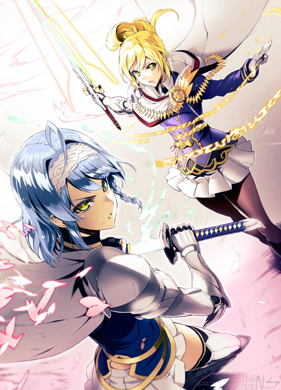 2girls ahoge armor black_legwear blonde_hair blue_hair cape celis_reinhartd collaboration colorized drawing_sword gloves headband highres magic multiple_girls nonaka_yuki ookuma_(nitroplus) owendss98 pantyhose ponytail runes shinmai_maou_no_testament short_hair skirt sword uniform weapon yellow_eyes