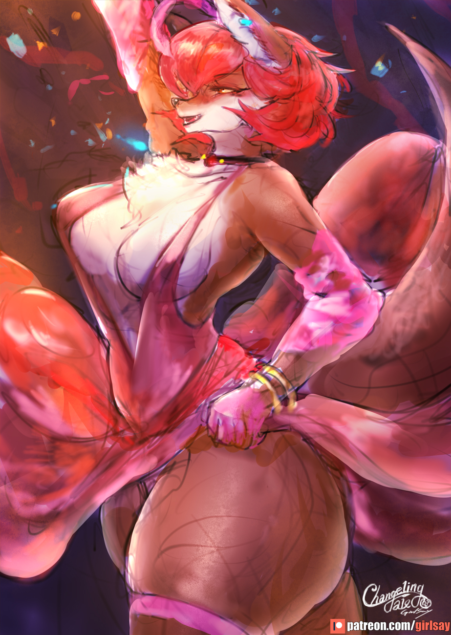 2020 anthro breasts brown_body brown_fur canid canine canis changeling_tale cleavage clothed clothing ear_piercing female fur girlsay hair hi_res jessie_(changeling_tale) legwear mammal open_mouth patreon piercing red_hair solo standing text thick_thighs thigh_highs url wolf