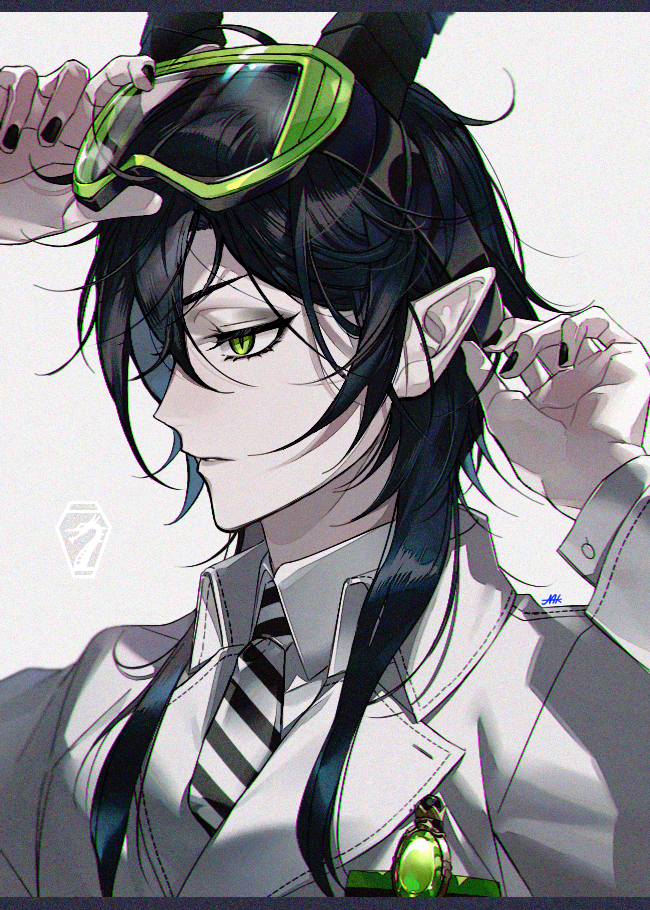 1boy adjusting_eyewear bangs black_nails closed_mouth collared_shirt eyewear_lift gem goggles goggles_on_head green_eyes grey_background hands_up horns jacket letterboxed long_hair long_sleeves looking_away looking_down maka_(mksrw) makeup male_focus malleus_draconia mascara messy_hair necktie pointy_ears profile shirt simple_background solo striped striped_neckwear twisted_wonderland upper_body white_shirt