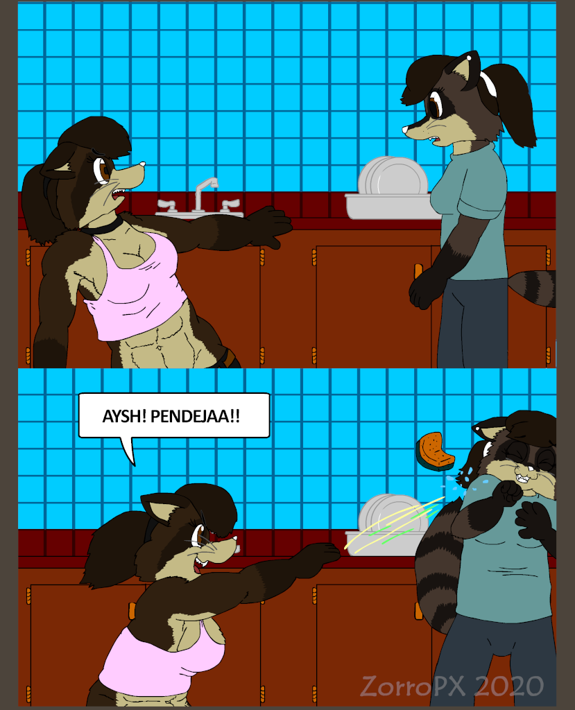 angry blouse clothing comic dark_fur digital_media_(artwork) female fur hair kitchen mammal maria_raccoonsuelo_(character) ponytail prank procyonid raccoon scared sibling sister sisters spanish_text text top xochitl_guadalupe_(character) yelling zorropx_(artist)