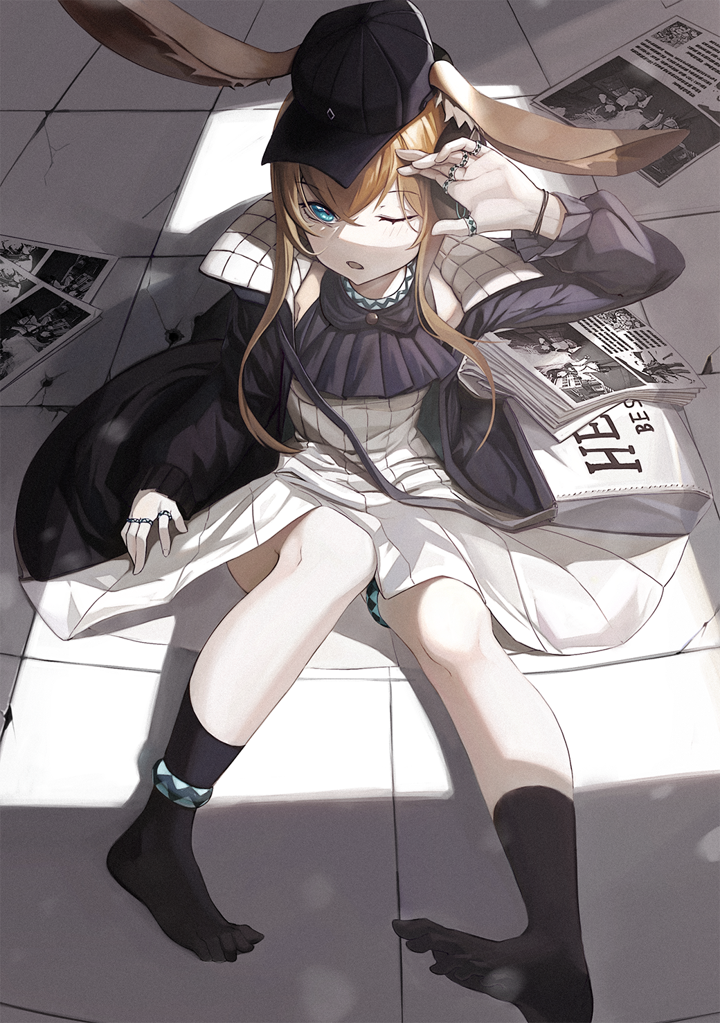 1girl amiya_(arknights) animal_ears anizi arknights ascot black_jacket blue_eyes brown_hair bunny_ears feet frilled_ascot frills hat highres jacket jewelry multiple_rings neck_ring news newspaper newsprint_background one_eye_closed ring socks thighlet thumb_ring