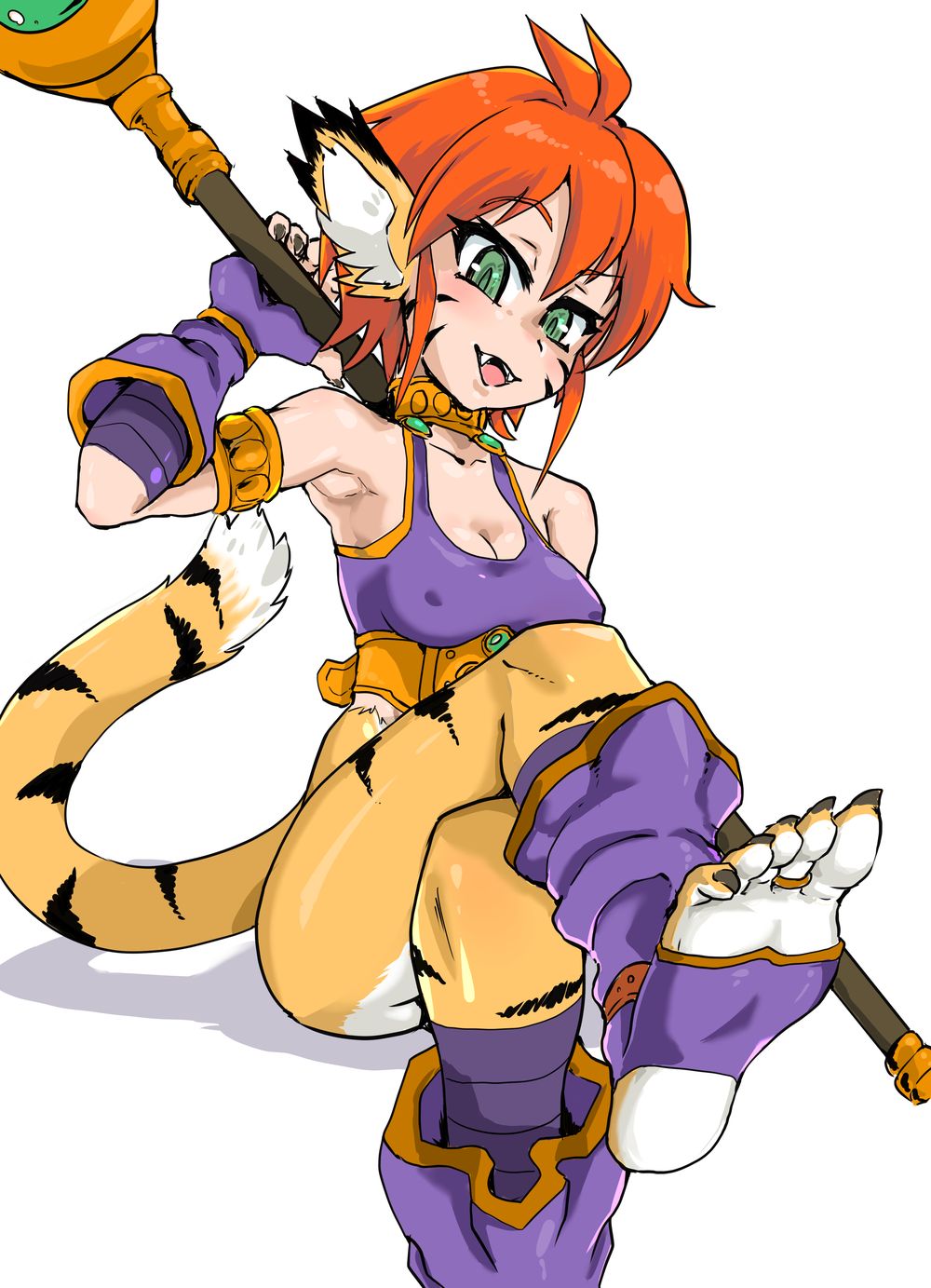 5_toes animal_humanoid black_body black_ears black_fur black_stripes black_tail breasts breath_of_fire capcom clothed clothing daigaijin felid felid_humanoid female fur hair hi_res holding_object humanoid katt_(breath_of_fire) mammal mammal_humanoid nipple_outline open_mouth purple_clothing sitting soles solo stripes toes video_games