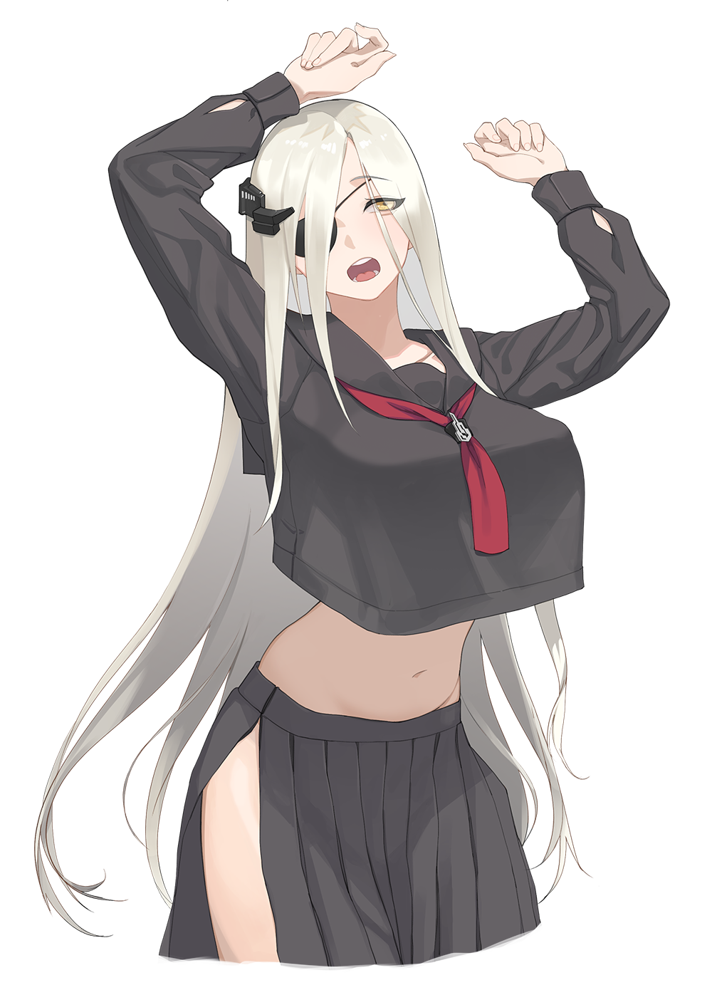 1girl alchemist_(girls_frontline) arms_up black_shirt black_skirt breasts crop_top crop_top_overhang eyepatch girls_frontline highres large_breasts long_hair long_sleeves midriff navel open_mouth sangvis_ferri school_uniform serafuku shirt skirt solo very_long_hair white_background white_hair yellow_eyes zzzearly