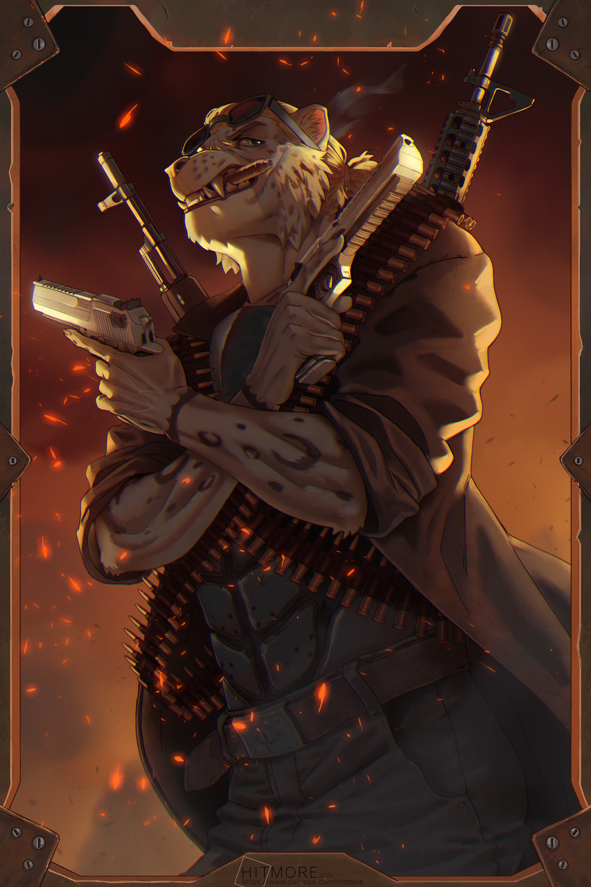 5_fingers anthro blue_eyes cigar clothed clothing digital_media_(artwork) eyewear felid fingers fur glasses gun hair hi_res hitmore holding_gun holding_object holding_weapon male mammal pantherine ranged_weapon simple_background snow_leopard solo spots standing teeth weapon