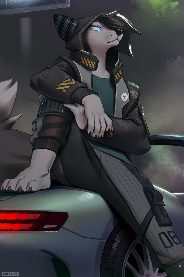 2020 anthro bottomwear canid canine car clothing hair hair_over_eye male mammal miles_df one_eye_obstructed pants sitting solo vehicle