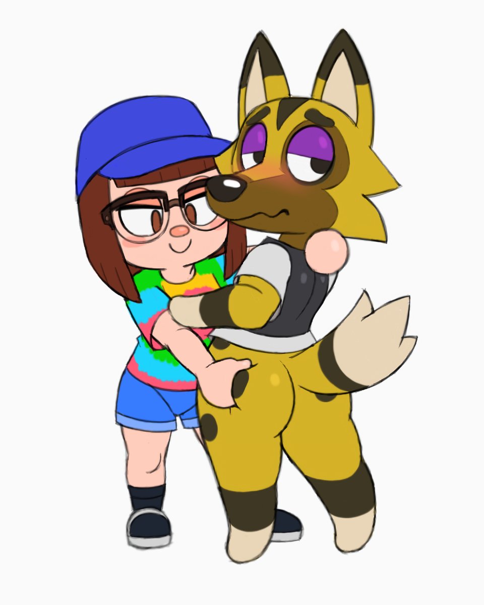 acstlu animal_crossing anthro blush bottomless butt butt_grab canid canine canis clothed clothing duo eyewear female glasses hair hand_on_butt hat headgear headwear hi_res human kyle_(animal_crossing) male male/female mammal nintendo rear_view video_games villager_(animal_crossing) wolf