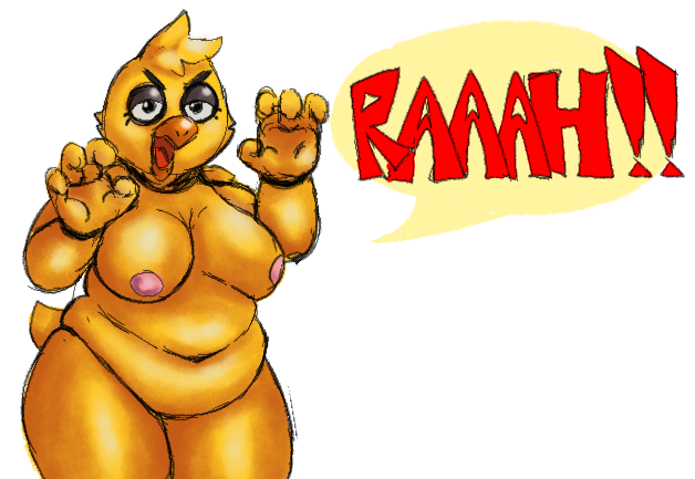animatronic anthro avian bardyr belly big_breasts bird breasts chica_(fnaf) chicken deep_navel digital_media_(artwork) feathers female five_nights_at_freddy's galliform gallus_(genus) hair looking_at_viewer machine navel nipples non-mammal_breasts nude overweight overweight_female phasianid robot simple_background solo video_games