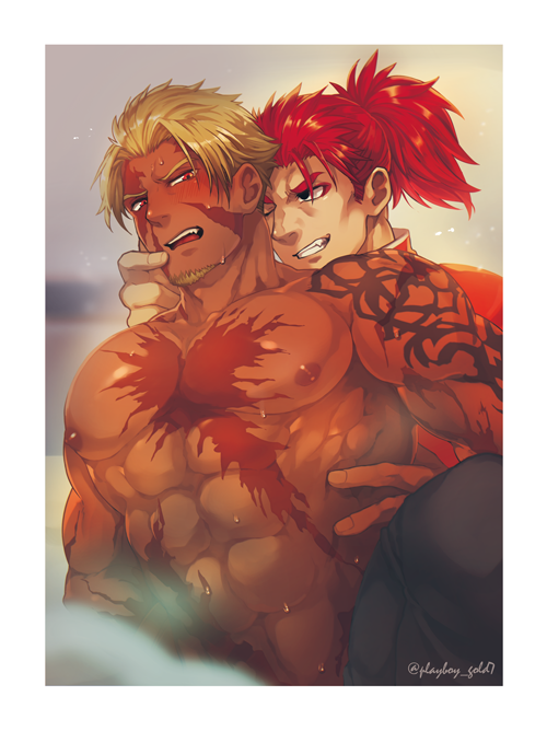 abs bangs bara beard beowulf_(fate/grand_order) blonde_hair blush border caress chest chinese_clothes facial_hair fate/grand_order fate_(series) hand_on_another's_face hand_on_another's_waist long_hair makeup male_focus multiple_boys muscle nipples open_mouth pants pectorals ponytail red_eyes scar shirtless simple_background smile spiked_hair sweat tattoo teeth upper_body white_border yamanome yaoi
