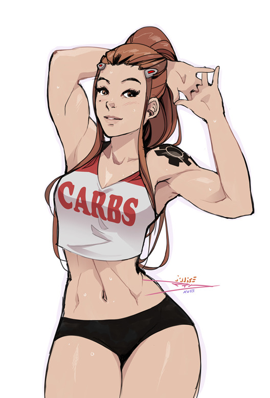 arm_behind_head arms_up biceps breasts brigitte_(overwatch) brown_eyes brown_hair cleavage crop_top hair_ornament hairclip long_hair looking_at_viewer medium_breasts mike_nesbitt mole mole_under_eye navel overwatch ponytail pose short_shorts shorts shoulder_tattoo stomach sweat tattoo toned white_background