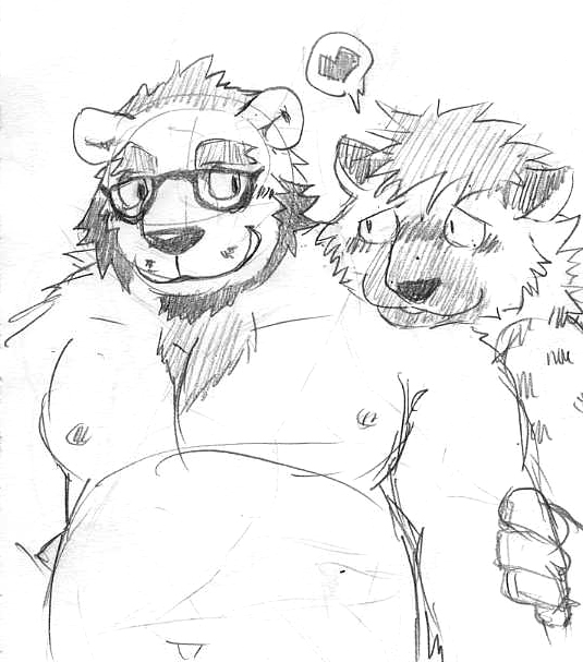 &lt;3 2013 anthro belly duo ena_(lm) hug hugging_from_behind humanoid_hands hyaenid kemono love_mechanic male mammal moobs navel nipples overweight overweight_male simple_background spotted_hyena tom_(lm) ursid v2wolf white_background