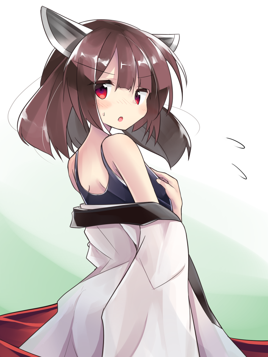 1girl :o bangs bare_shoulders black_swimsuit blush brown_hair commentary_request eyebrows_visible_through_hair flying_sweatdrops from_behind hair_between_eyes hand_up headgear highres japanese_clothes kimono long_hair looking_at_viewer looking_back off_shoulder one-piece_swimsuit parted_lips red_eyes ryogo school_swimsuit solo swimsuit swimsuit_under_clothes touhoku_kiritan twintails v-shaped_eyebrows voiceroid white_kimono