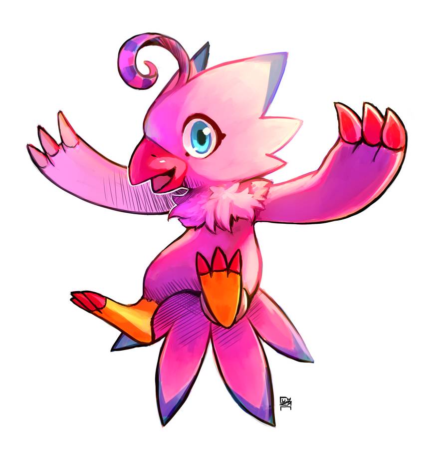 avian beak biyomon blue_eyes blue_markings claws digimon digimon_(species) eyeslashes feather_tuft feathers female feral flying happy lunarthunderstorm markings open_mouth pink_body pink_feathers red_beak red_claws ring semi-anthro signature simple_background solo tail_feathers toe_claws tuft white_background