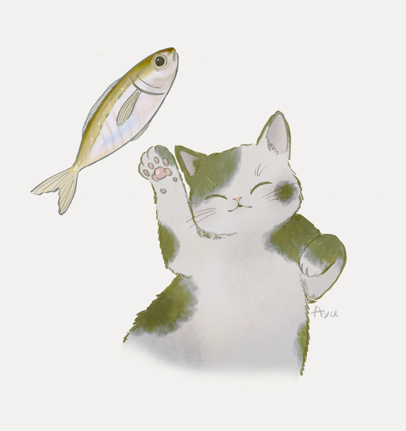 ayu_(mog) cat cat_focus closed_eyes english_commentary facing_viewer fish mixed-language_commentary no_humans original signature simple_background white_background