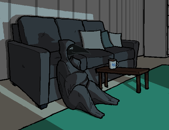 30mrknowitall animal_humanoid anthro avian avian_humanoid bedding bird blanket corvid corvus_(genus) crow cup eyes_closed furniture humanoid male pillow shadow sitting smile sofa solo table