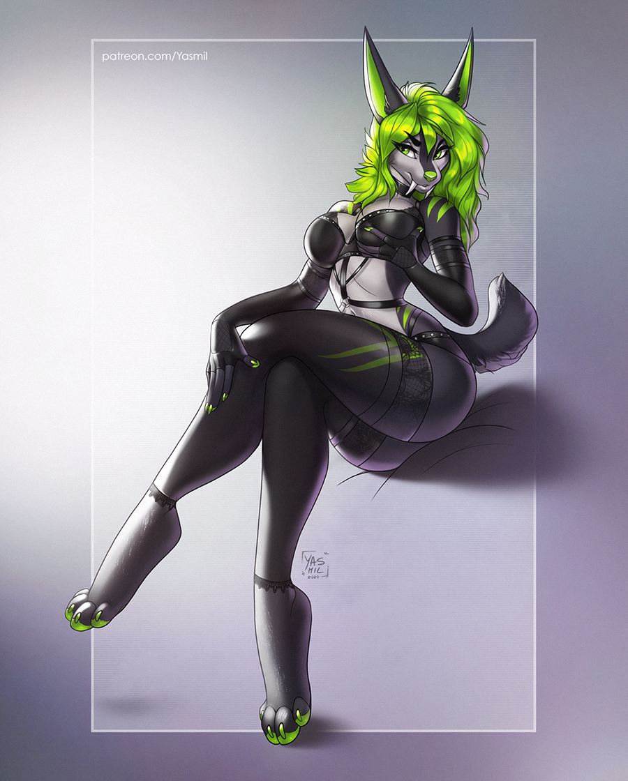 2020 4_toes 5_fingers anthro canid canine digital_media_(artwork) female fingers green_eyes green_hair green_nose hair mammal sitting solo toes vex_(character) yasmil