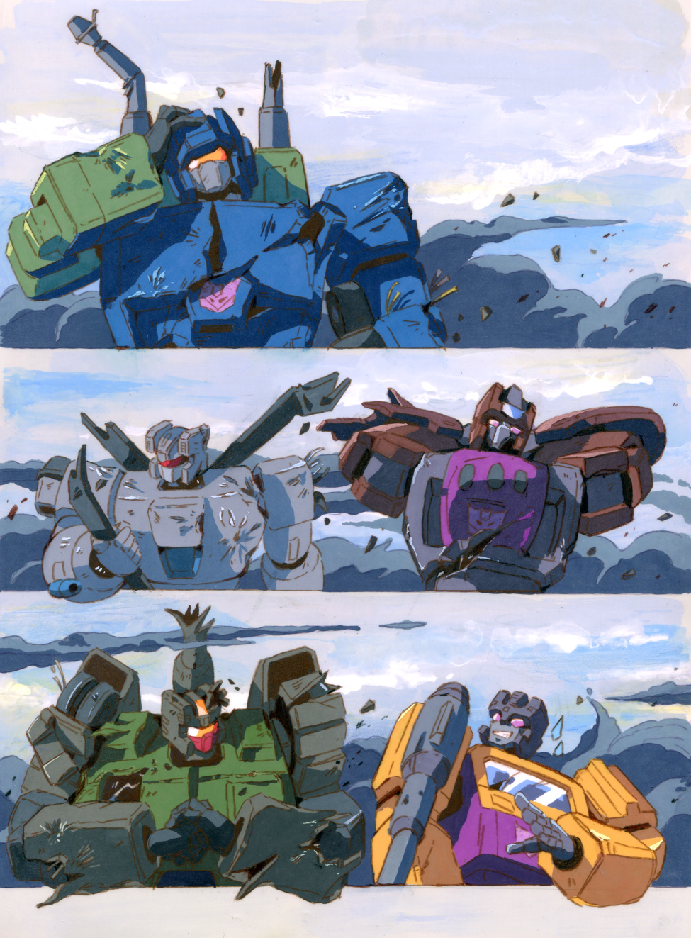 1980s_(style) 5boys aircraft angry arms_behind_head blade blast_off brawl broken broken_weapon cloud cloudy_sky cracking_knuckles damaged decepticon ground_vehicle helicopter highres jeep marble-v mecha military military_vehicle motor_vehicle multiple_boys nervous nervous_smile no_humans oldschool onslaught purple_eyes red_eyes rocket sky swindle_(transformers) tank transformers vortex_(transformers) weapon