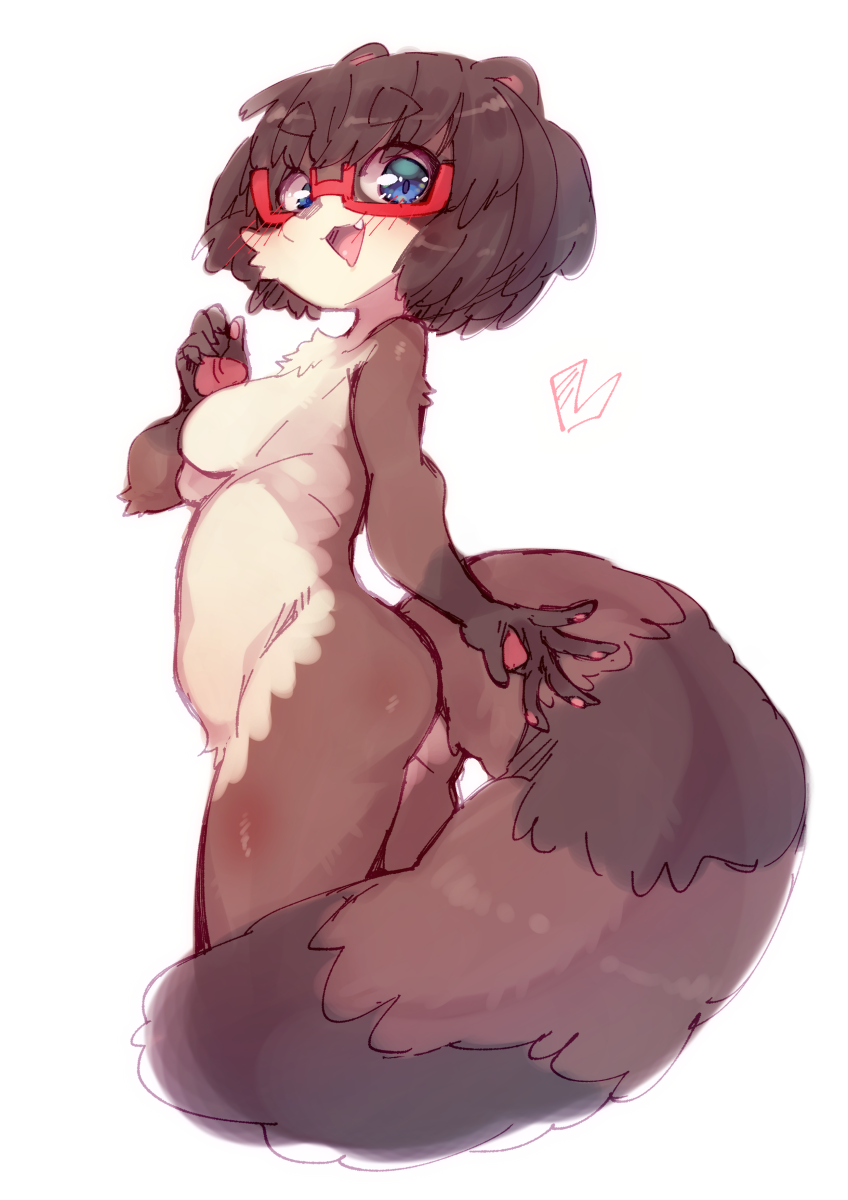 1girl animal_ears ass blue_eyes breasts brown_hair character_request fang furry glasses highres long_tail nude open_mouth original raccoon_ears raccoon_tail short_hair simple_background small_breasts smile solo tail white_background yuuki_(yuyuki000)