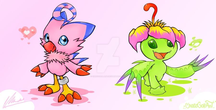 &lt;3 avian biyomon blue_eyes cha0zgallant claws digimon digimon_(species) elemental_creature feathers female flora_fauna flower green_body green_eyes open_mouth palmon pink_body pink_feathers plant purple_claws red_claws semi-anthro sharp_teeth signature smile standing teeth toe_claws tongue walking watermark