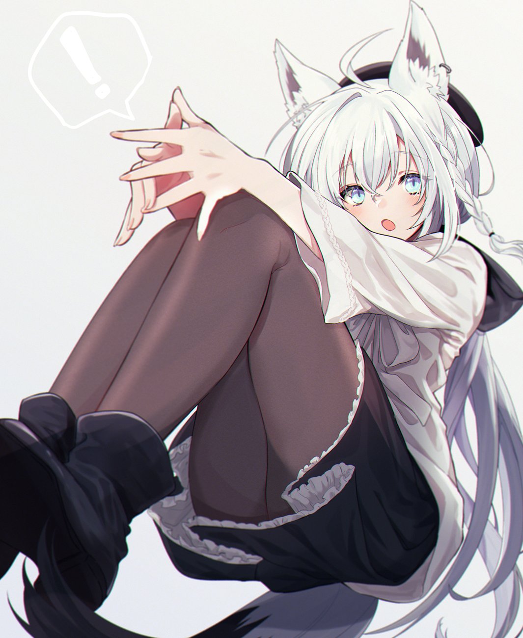 ! 1girl :o ahoge animal_ear_fluff animal_ears black_skirt blue_eyes blush boots commentary_request earrings fox_ears fox_girl fox_tail fujishima02 full_body grey_background hat highres hololive jewelry long_hair looking_at_viewer open_mouth pantyhose shirakami_fubuki silver_hair simple_background sitting skirt slit_pupils solo spoken_exclamation_mark tail very_long_hair virtual_youtuber