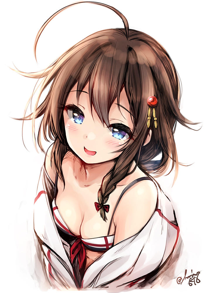 1girl ahoge bangs bikini blue_eyes blush braid breasts brown_hair cleavage eyebrows_visible_through_hair hair_flaps hair_ornament harino646 kantai_collection long_hair medium_breasts off_shoulder open_mouth remodel_(kantai_collection) sailor_bikini sailor_collar shigure_(kantai_collection) simple_background single_braid solo swimsuit twitter_username upper_body white_background