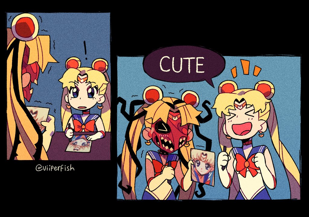 ! &gt;_&lt; 2girls bishoujo_senshi_sailor_moon blonde_hair blood blue_sailor_collar choker collar crescent crescent_earrings derivative_work diadem double_bun earrings english_text extra_teeth from_side gloves hair_ornament heart heart_choker horror_(theme) jewelry looking_at_viewer monster multiple_girls open_mouth pencil red_choker sailor_collar sailor_moon sailor_moon_redraw_challenge sailor_senshi sailor_senshi_uniform screencap_redraw sharp_teeth smile solo speech_bubble spiked_collar spikes teeth tentacle_hair tsukino_usagi twintails twitter_username upper_body viiperfish white_gloves