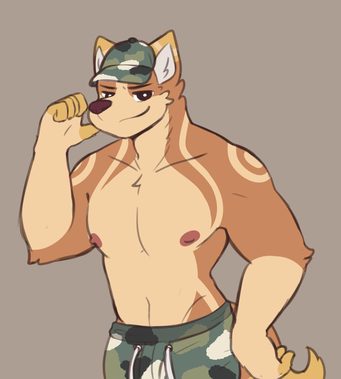 anthro athletic bottomwear canid canine canis clothed clothing facial_expressions fur_pattern hat headgear headwear heny hi_res male mammal nipples shorts smile snaftfc solo topless topless_male wolf
