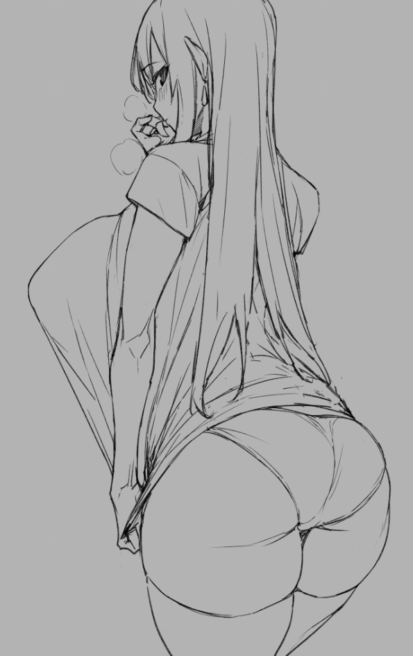 1girl ass bangs breasts commentary eyebrows_visible_through_hair from_behind hands large_breasts leggings long_hair monochrome obmas_(pfeito) original panties shirt shirt_pull sketch solo thighhighs thighs underwear