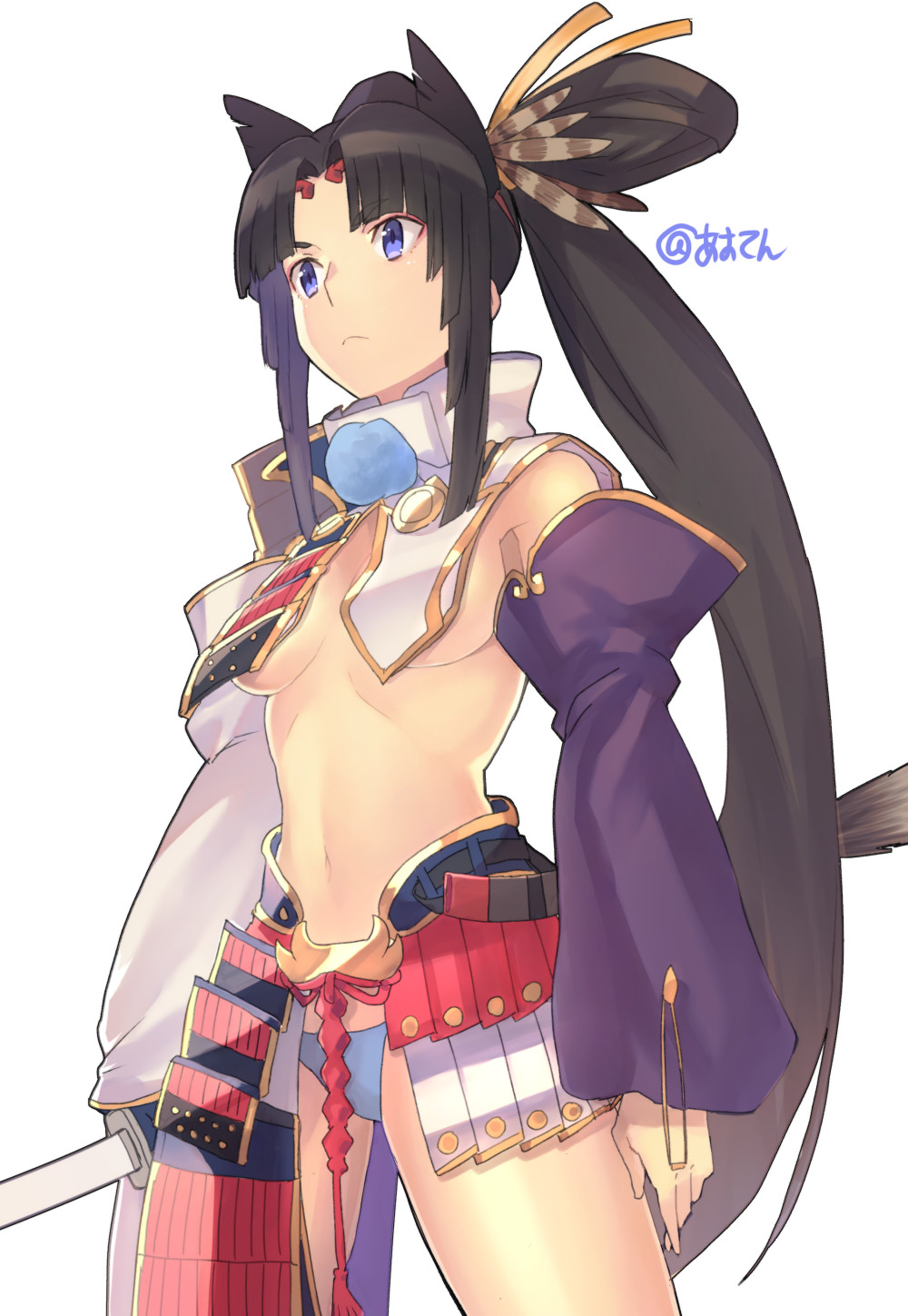 1girl aoten_(aoiroarekore) armor bangs black_hair blue_panties breast_curtains breasts closed_mouth detached_sleeves fate/grand_order fate_(series) feathers hair_feathers highres japanese_armor katana long_hair looking_to_the_side medium_breasts mismatched_sleeves navel panties parted_bangs side_bun side_ponytail sidelocks simple_background sword thighs underwear ushiwakamaru_(fate/grand_order) weapon white_background wide_sleeves