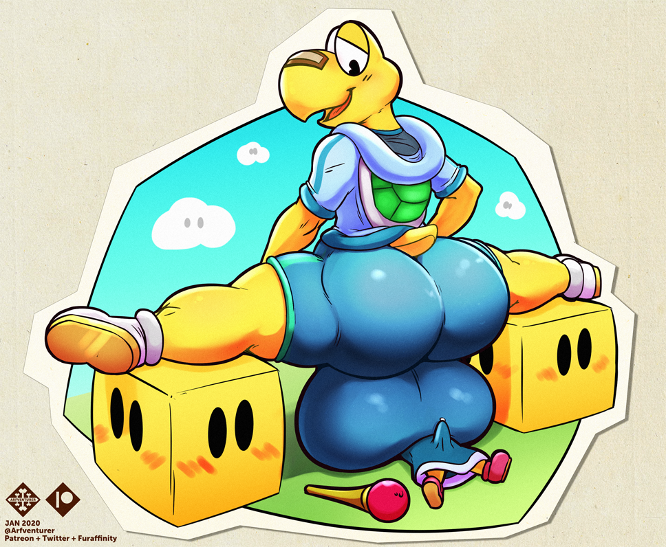 anthro arfventurer balls big_balls big_butt butt duo facesitting flexible genitals huge_balls huge_butt hyper hyper_balls hyper_genitalia koopa koops magikoopa male male/male mario_bros micro nintendo paper_mario scalie size_difference splits spread_legs spreading video_games