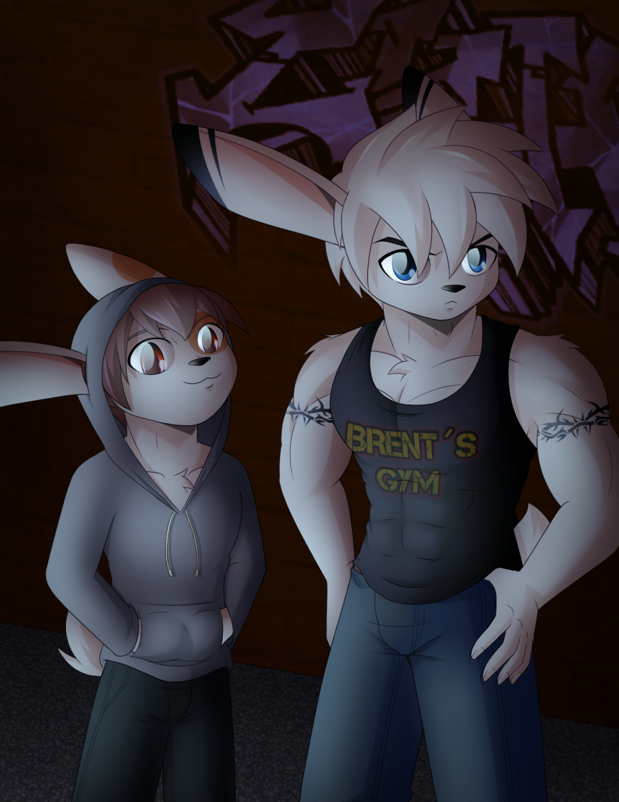 animal_strife anthro blue_eyes brother brothers brown_hair clothing duo fire_conejo fur hair hoodie lagomorph leporid male mammal muscular night rabbit red_eyes sibling sleeveless_shirt street tattoo toptank topwear white_body white_fur