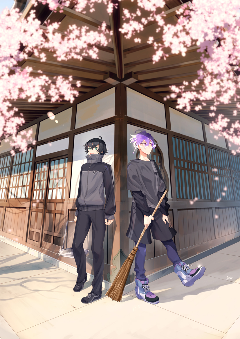 2boys :d ahoge architecture black_footwear black_hair black_jacket black_pants black_shirt black_shorts black_track_suit broom cherry_blossoms closed_mouth colored_tips crossed_bangs day earrings east_asian_architecture falling_petals flipped_hair flower full_body green_eyes grey_shirt hair_between_eyes holding holding_broom houhou_(black_lack) jacket jewelry layered_sleeves long_sleeves looking_up male_focus minamoto_kiyomaro multicolored_hair multiple_boys pants pants_under_shorts petals pink_flower purple_eyes purple_footwear purple_hair purple_pants shadow shirt shoes short_hair short_over_long_sleeves short_sleeves shorts single_earring sleeves_past_wrists smile sneakers standing suishinshi_masahide_(touken_ranbu) touken_ranbu track_jacket track_suit veranda white_hair zipper