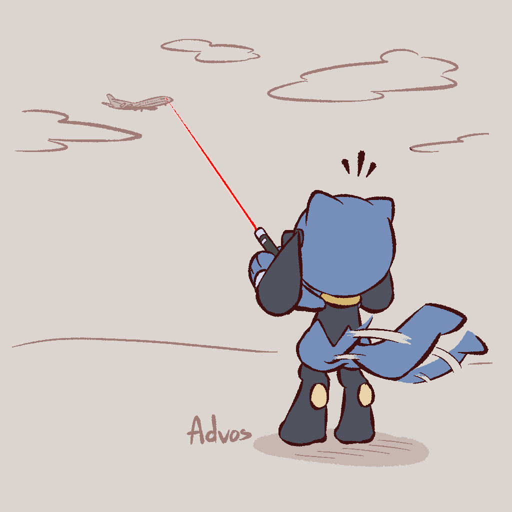 2023 advos aircraft airplane anthro cloud emanata generation_4_pokemon grey_background holding_object laser laser_pointer male motion_blur motion_lines nintendo outside pokemon pokemon_(species) riolu shadow simple_background sky solo standing tail tail_motion tailwag