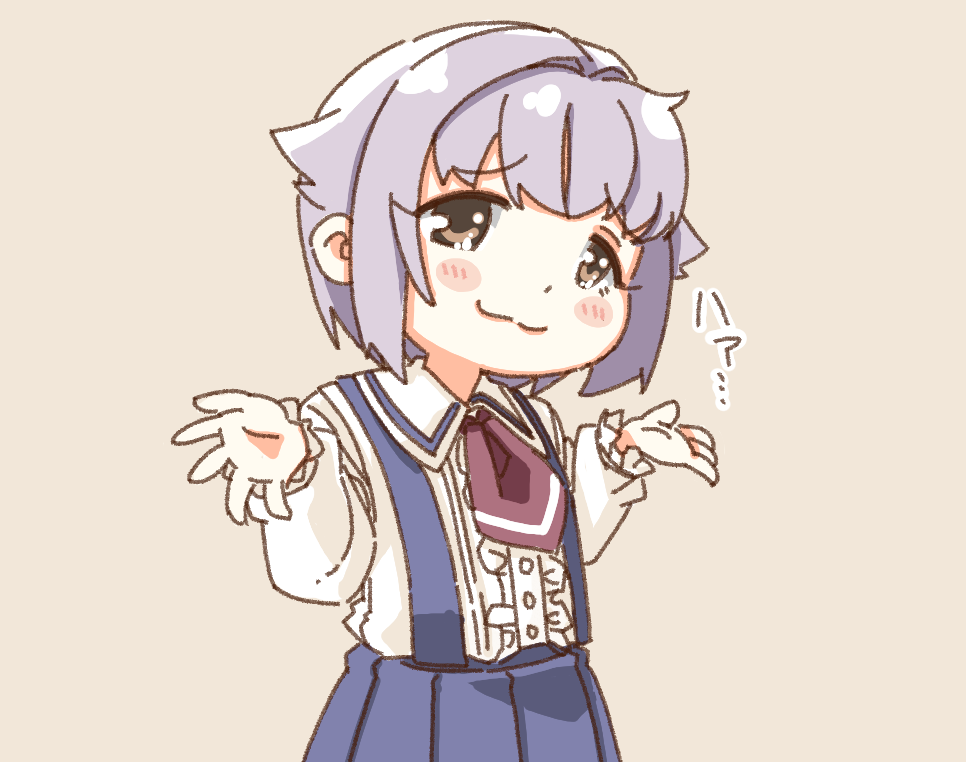 1girl blue_skirt blush_stickers brown_background brown_eyes center_frills collared_shirt frilled_sleeves frills grey_hair hair_flaps hair_intakes idolmaster idolmaster_cinderella_girls idolmaster_cinderella_girls_starlight_stage koshimizu_sachiko long_sleeves pleated_skirt puffy_long_sleeves puffy_sleeves shirt shrugging simple_background skirt sleeves_past_wrists solo suspender_skirt suspenders translation_request white_shirt yukie_(kusaka_shi)