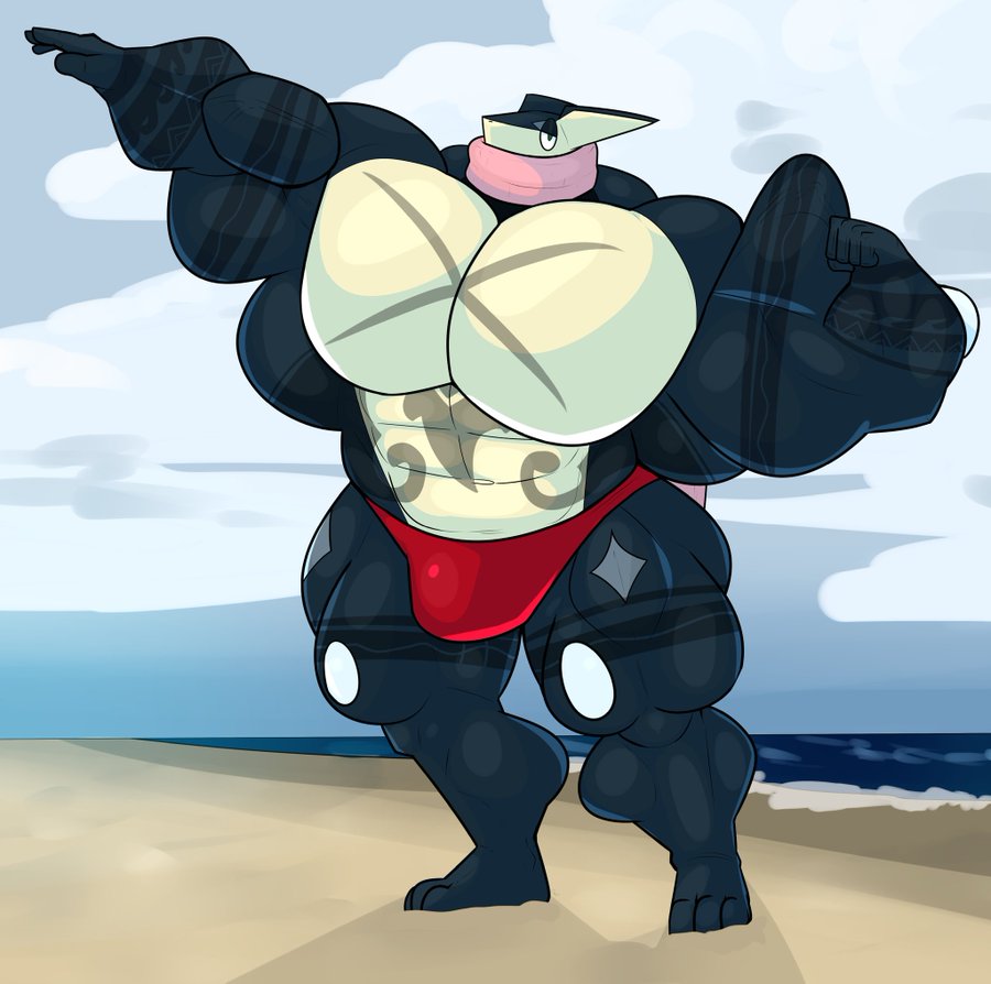 3_toes 5_fingers addylizard anthro beach big_bulge big_muscles big_pecs bulge clothed clothing cloud day feet fingers generation_6_pokemon greninja huge_bulge huge_muscles huge_pecs hyper hyper_muscles long_tongue looking_at_viewer male muscular nintendo pecs pokemon pokemon_(species) pose sea seaside solo speedo standing swimwear toes tongue underwear underwear_only water