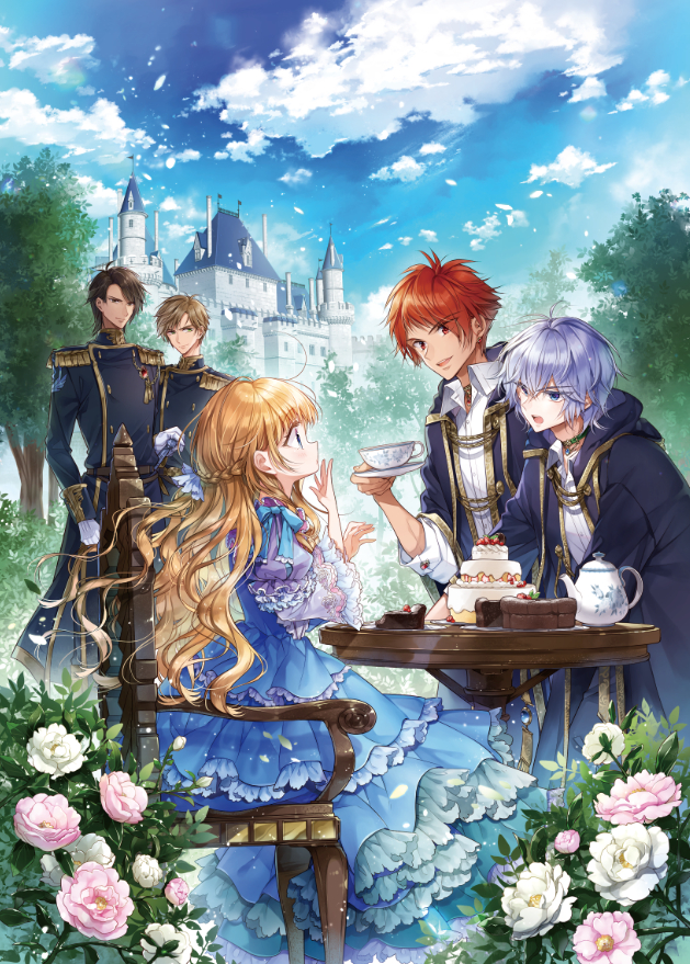 1girl 4boys :d antenna_hair armchair belt black_coat black_eyes black_hair black_pants blonde_hair blue_dress blue_eyes blue_ribbon braid brooch brown_belt brown_hair bush buttons cake cake_slice castle chair chocolate_cake choppy_bangs clenched_hand closed_mouth cloud coat collared_shirt cover cover_page cowlick cup day double-breasted dress epaulettes eye_contact falling_leaves feet_out_of_frame flower food french_braid frilled_sleeves frills from_side fruit gloves gold_trim gown green_eyes hair_between_eyes hair_ribbon hand_on_hilt hand_to_own_mouth holding holding_saucer hood hood_down hooded_coat jewelry layer_cake layered_dress layered_sleeves leaf long_hair long_sleeves looking_at_another multiple_boys novel_cover official_art open_clothes open_coat open_collar open_mouth outdoors pants pendant_choker peony_(flower) pink_flower profile puff_and_slash_sleeves puffy_sleeves purple_hair red_eyes red_hair ribbon saucer shirt short_hair short_over_long_sleeves short_sleeves sleeve_cuffs sleeve_ribbon sleeves_rolled_up smile strawberry surprised swept_bangs table tassel teacup teapot tensei_oujo_wa_kyou_mo_furagu_o_tatakioru tree uniform v-shaped_eyebrows wavy_hair white_flower white_gloves white_shirt yukiko_(tesseract)