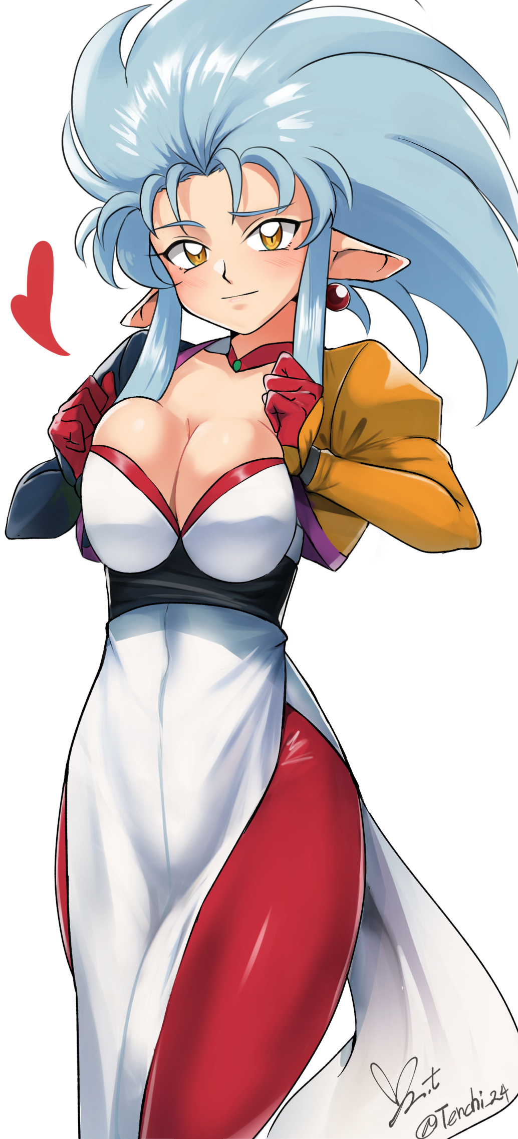 animal_ears blue_hair breasts breasts_squeezed_together cleavage dress gloves heart highres jacket large_breasts leggings looking_at_viewer medium_hair pointy_ears red_gloves red_leggings ryouko_(tenchi_muyou!) sidelocks signature simple_background slit_pupils spiked_hair tenchi_muyou! white_background white_dress yellow_eyes yellow_jacket yoo_tenchi