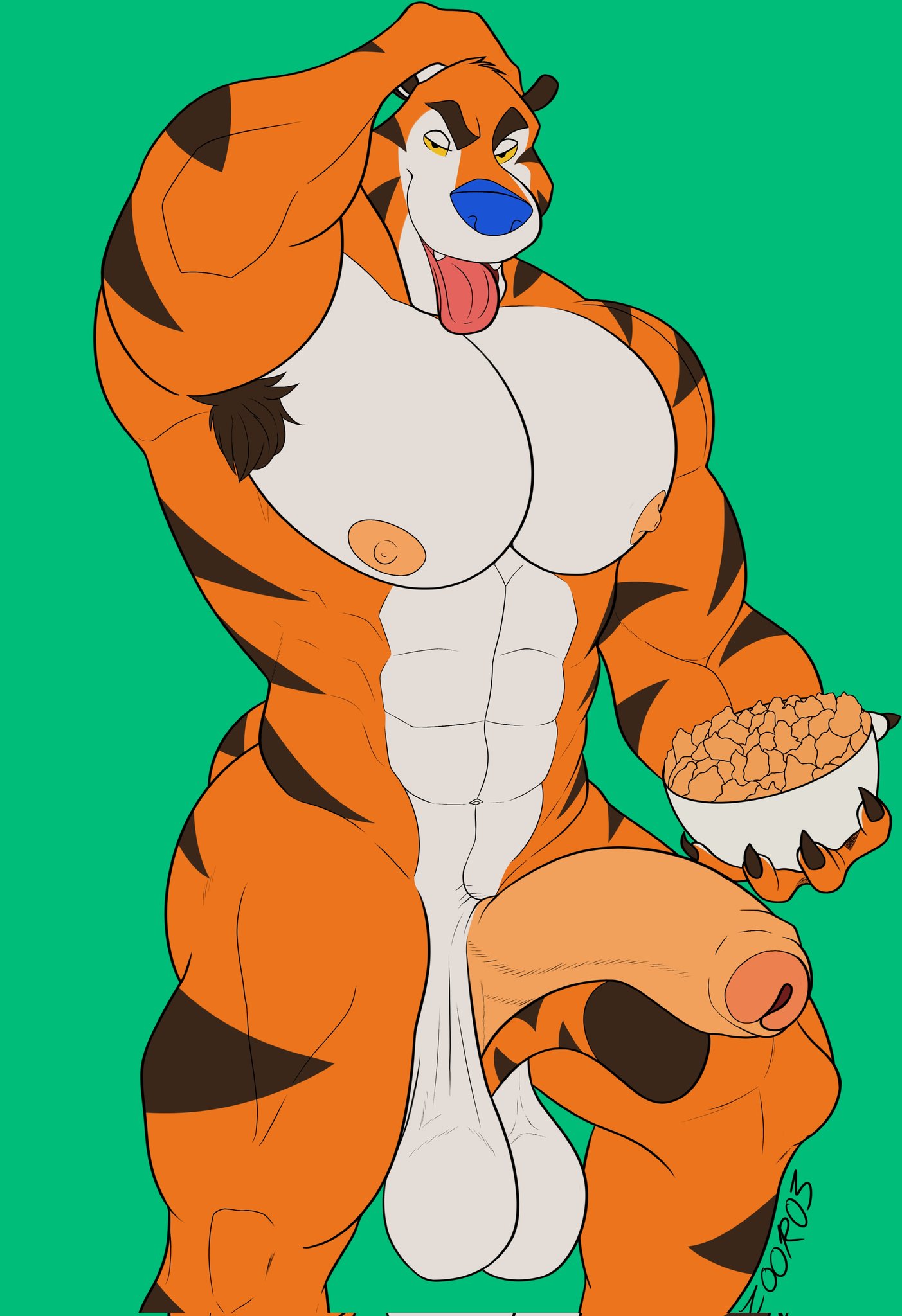 abs anthro armpit_hair aurzz balls big_balls big_penis body_hair foreskin frosted_flakes genitals hi_res huge_balls huge_penis kellogg's looking_at_viewer male mascot muscular muscular_male nipples penis saggy_balls solo tongue tongue_out tony_the_tiger
