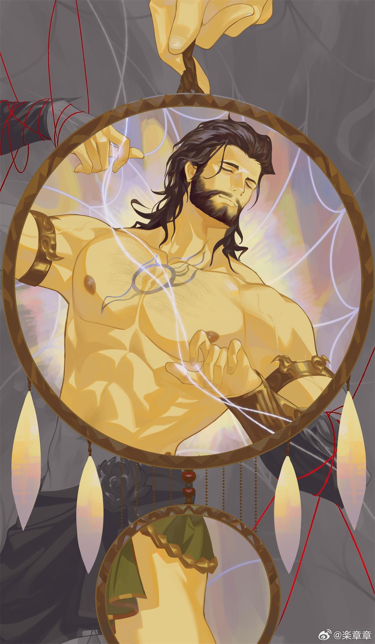 1boy abs baldur's_gate baldur's_gate_3 bara beard bound closed_eyes dungeons_and_dragons facial_hair feet_out_of_frame full_beard gale_(baldur's_gate) highres large_pectorals le_zhang_zhang male_focus mature_male medium_hair muscular muscular_male mustache_stubble nipples partially_colored pectorals red_rope rope smile solo_focus stomach surreal symbolism thick_eyebrows topless_male