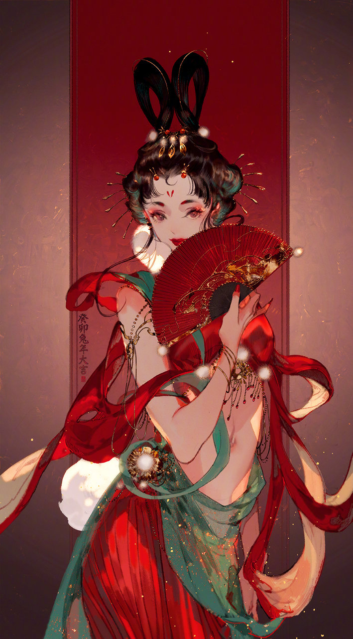 1girl banner bare_arms black_hair brown_eyes chinese_clothes chinese_text closed_mouth commentary cowboy_shot double_bun eyelashes eyeshadow facial_mark folding_fan forehead_mark fur_scarf gold_bracelet hagoromo hair_bun hair_rings hand_fan harem_outfit highres holding holding_fan ibuki_satsuki lipstick looking_at_viewer makeup multiple_hairpins nail_polish navel original pants red_background red_eyeshadow red_lips red_nails red_pants red_ribbon red_tube_top ribbon scarf shawl short_hair smile solo stomach strapless symbol-only_commentary tube_top white_scarf