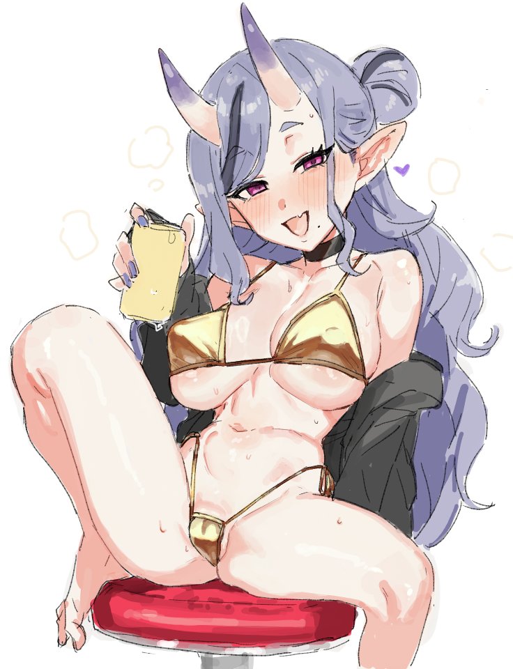 1girl alcohol beer bikini drunk fang gradient_horns hair_between_horns horns jacket long_hair looking_at_viewer mole mole_under_mouth multicolored_horns nijisanji oni oni_horns pointy_ears purple_eyes rindou_mikoto short_eyebrows skin-covered_horns smile spread_legs suisogenshi swimsuit thick_eyebrows virtual_youtuber