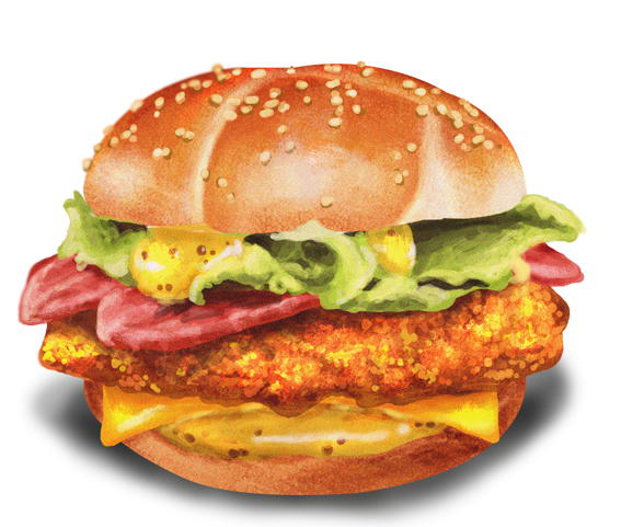 bread burger cheese chicken_(food) fast_food food food_focus lettuce no_humans original sesame_seeds tomato tomato_slice white_background yajirushi_(yajiru4)