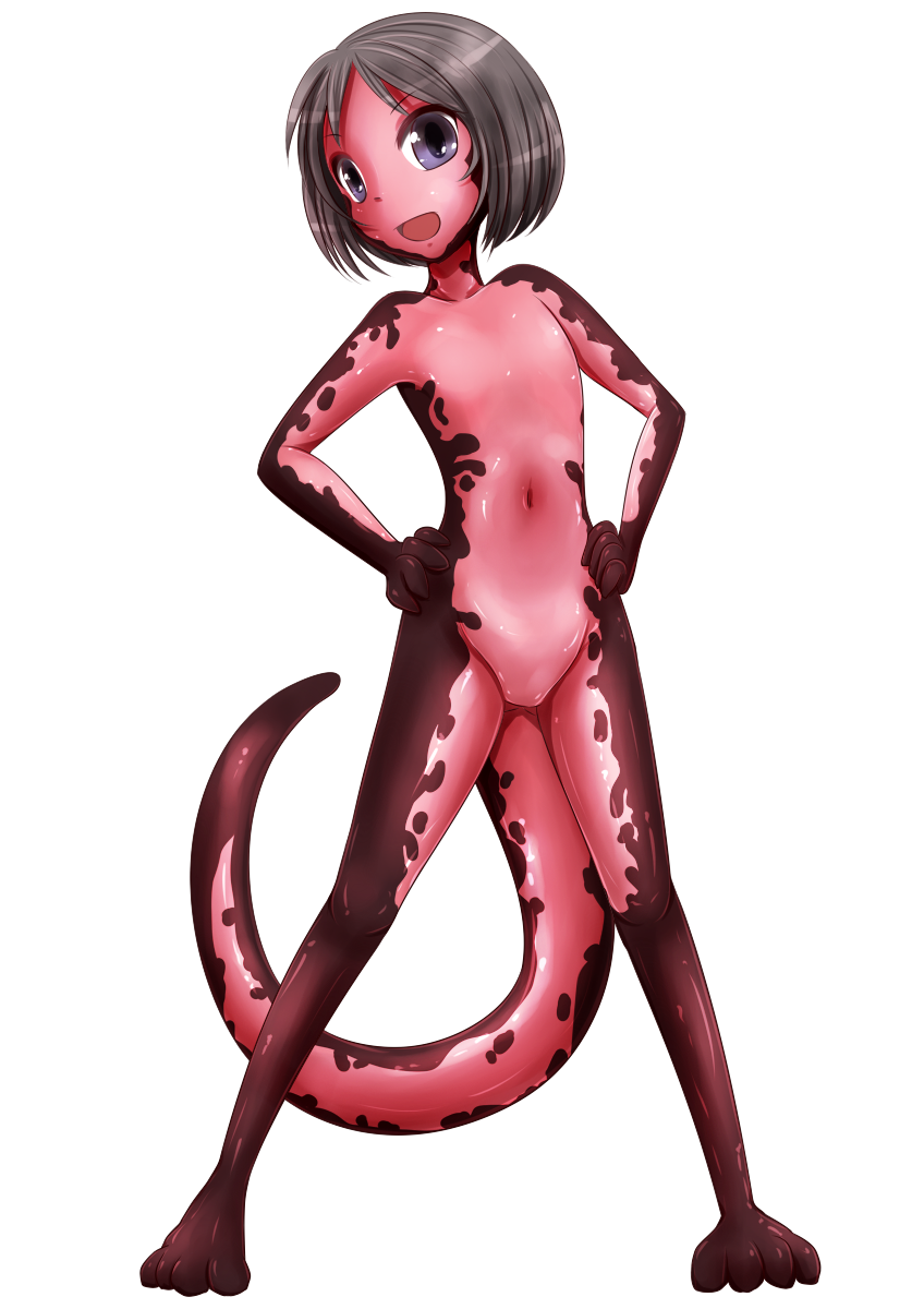 4_toes 5_fingers amphibian animal_humanoid anthro bare_shoulders black_hair butt_from_the_front countershading featureless_chest featureless_crotch feet female fingers flat_chested glistening glistening_body hair hands_on_hips hi_res humanoid looking_at_viewer navel newt nezumi_(nezuminosippo) nude open_mouth purple_eyes red_body red_skin salamander scalie scalie_humanoid simple_background smile solo tail thick_tail toes white_background