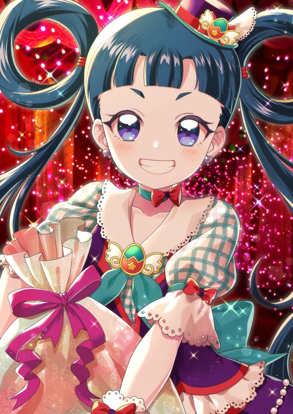 1girl blue_hair blunt_bangs bow choker christmas collared_dress commentary_request dress earrings flower frilled_sleeves frills green_choker grin hair_rings hat heart heart_earrings highres hizuki_(hiduki6121) holding holding_sack jewelry kiratto_pri_chan long_hair looking_at_viewer melpan_(pri_chan) mini_hat open_mouth pink_flower pink_rose pretty_series puffy_short_sleeves puffy_sleeves purple_eyes red_background red_bow rose sack short_sleeves smile solo star-shaped_pupils star_(symbol) symbol-shaped_pupils