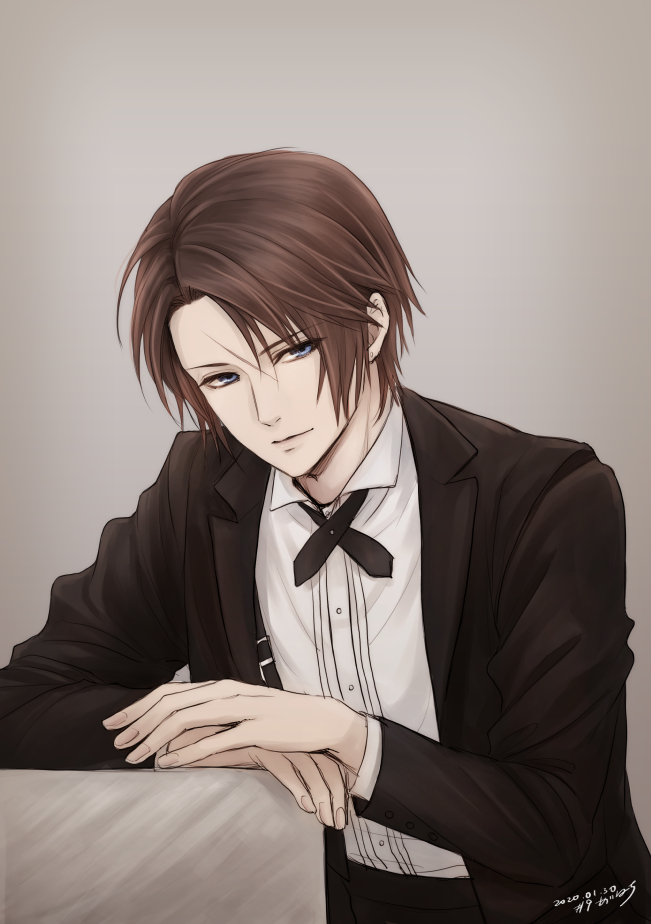 1boy alternate_costume black_jacket black_pants black_suit blue_eyes brown_hair collared_shirt dated elbow_on_table elbow_rest final_fantasy final_fantasy_viii formal grey_background hiryuu_(kana_h) jacket leaning_forward light_smile looking_to_the_side male_focus neck_ribbon open_clothes open_jacket own_hands_together pants ribbon scar scar_on_face shirt short_hair signature simple_background sitting solo squall_leonhart suit suit_jacket suspenders upper_body white_shirt