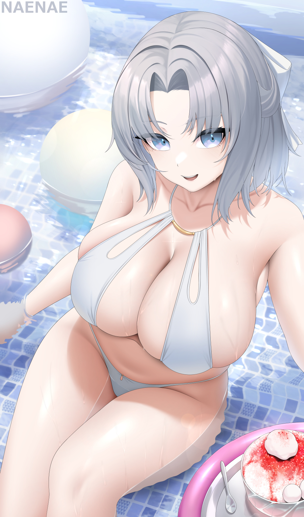 1girl azur_lane bare_shoulders bikini blue_eyes breasts cleavage collarbone commentary food fouriasensei from_above grey_hair highres large_breasts looking_at_viewer looking_up official_alternate_costume parted_bangs parted_lips partially_submerged senran_kagura sideboob sitting smile solo spoon swimsuit symbol-only_commentary thighs water white_bikini yumi_(afternoon_teatime)_(senran_kagura) yumi_(senran_kagura)